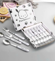 Set bộ 6 cái thìa dĩa inox trắng cán sứ Pochacco có kèm hộp (T100) (Sét)