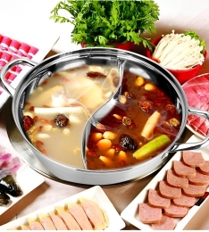 NỒI LẨU INOX HOT POT 2 NGĂN 30 CM DÙNG ĐƯỢC CẢ BẾP TỪ, BỘ KÈM VUNG KÍNH