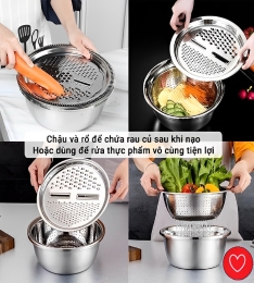 Rổ nạo thái INOX 3IN1: Rổ bằng Inox 3in1 gồm nạo , thái, cắt rau củ quả, dùng để đựng, rửa, nấu ăn(T